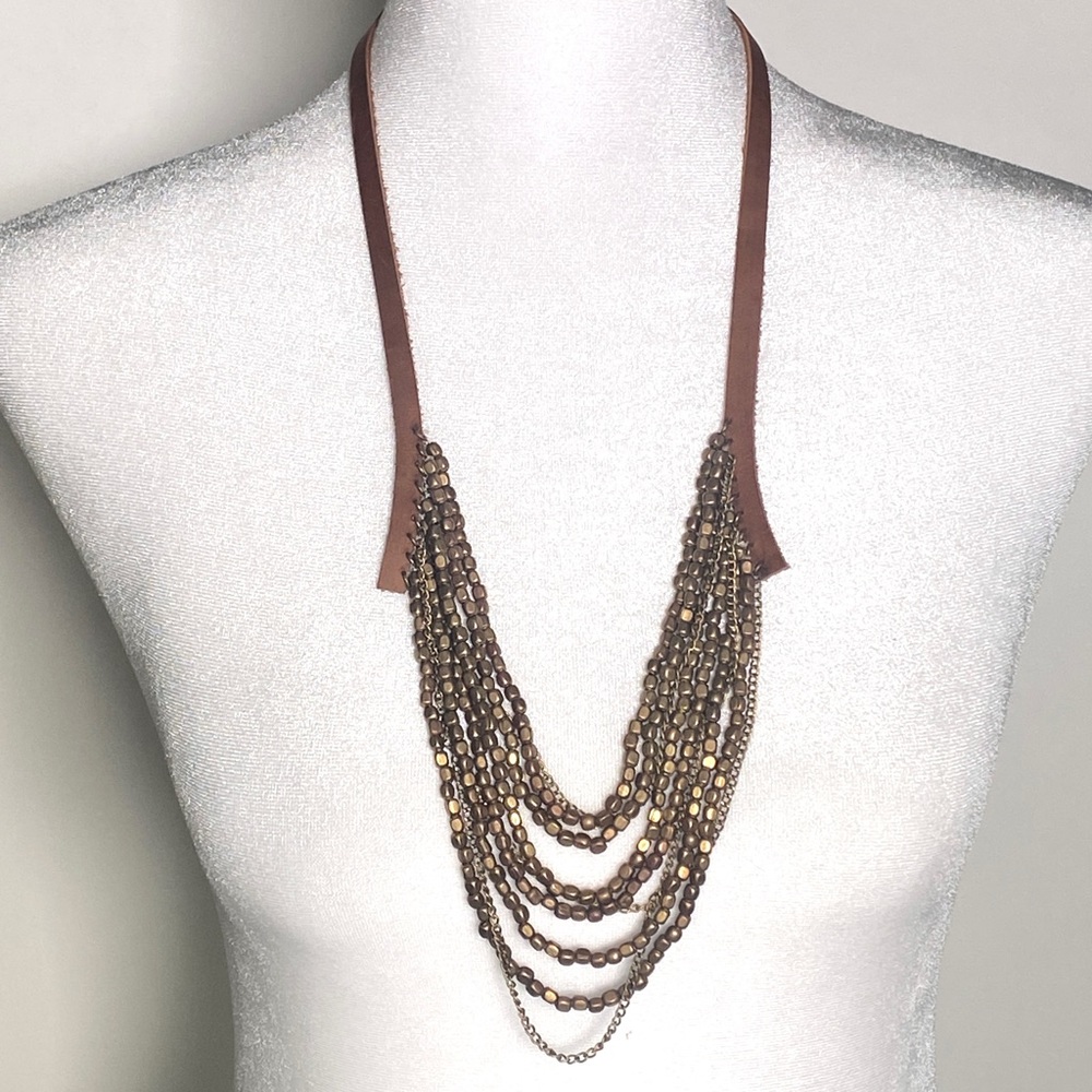 Anthropologie tan leather and gold statement necklace